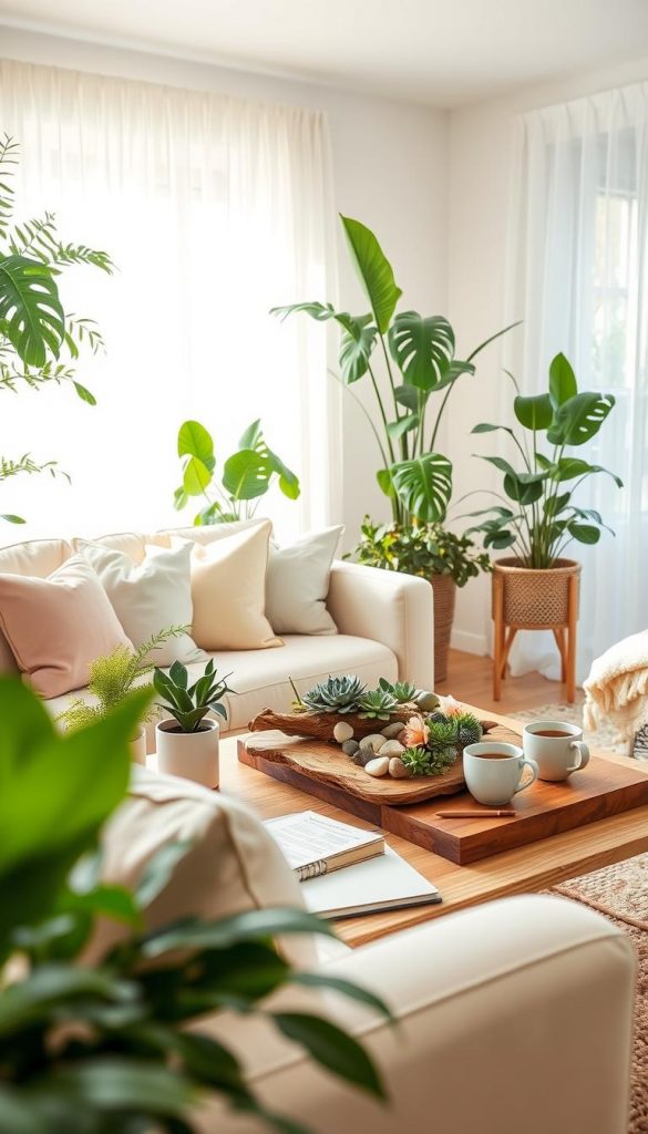 A cozy Scandinavian living room decorated for summer, featuring an array of indoor plants such as lush ferns, leafy monstera, and delicate flowering succulents in chic ceramic pots. The foreground showcases a light-colored, comfy sofa adorned with soft cushions in pastel shades, inviting relaxation. In the middle, a rustic wooden coffee table holds a stylish, organic centerpiece made of driftwood and pebbles, complemented by a journal and a warm cup of tea. The background reveals a sunlit window draped in sheer, flowing curtains, allowing natural light to filter in, creating a warm, inviting atmosphere. The overall mood is tranquil and refreshing, evoking a Pinterest-inspired, DIY aesthetic. Capture this with soft, diffused lighting and a wide-angle lens to enhance the sense of space and warmth. Include a touch of branding by subtly featuring a "KlickKiste" logo on one of the decor items.
