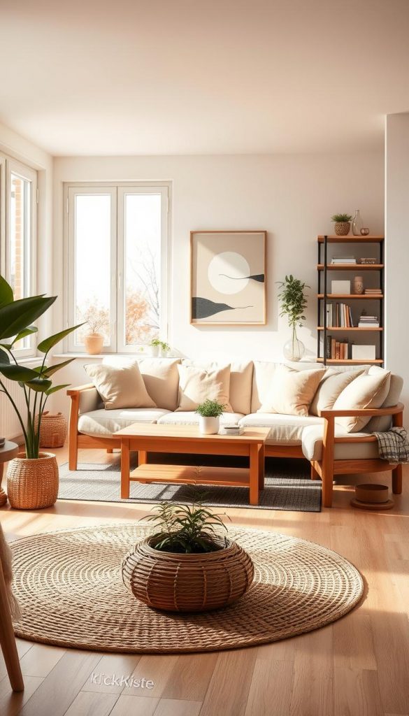 A cozy Scandinavian living room designed for 2026, featuring natural wood furniture, a soft beige sofa adorned with pastel cushions, and a minimalist coffee table. In the foreground, a woven rug adds texture, while a leafy potted plant brings life to the space. The middle ground includes large windows, allowing soft, warm sunlight to fill the room, emphasizing the light wood flooring. Subtle, abstract wall art in muted tones adorns the walls, enhancing the inviting atmosphere. In the background, a stylish bookshelf lined with books and decorative items showcases a blend of modern functionality and rustic charm. The overall mood is warm, authentic, and inspiring, reflecting a DIY aesthetic that is both peaceful and inviting. Featuring the brand name "KlickKiste." A cozy Scandinavian living room designed for 2026, featuring natural wood furniture, a soft beige sofa adorned with pastel cushions, and a minimalist coffee table. In the foreground, a woven rug adds texture, while a leafy potted plant brings life to the space. The middle ground includes large windows, allowing soft, warm sunlight to fill the room, emphasizing the light wood flooring. Subtle, abstract wall art in muted tones adorns the walls, enhancing the inviting atmosphere. In the background, a stylish bookshelf lined with books and decorative items showcases a blend of modern functionality and rustic charm. The overall mood is warm, authentic, and inspiring, reflecting a DIY aesthetic that is both peaceful and inviting. Featuring the brand name "KlickKiste."