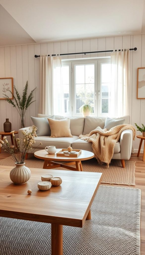 A cozy Scandinavian living room designed for warm seasons, featuring natural DIY elements and modest yet stylish furnishings. In the foreground, a minimalist wooden coffee table adorned with organic, decorative items and a vase of fresh flowers. The middle ground showcases a soft, light-colored sofa layered with pastel-hued cushions and a chunky knit throw, inviting relaxation. Backdrop elements include wide windows allowing warm sunlight to filter through sheer curtains, enhancing the room's airy ambiance. The walls are adorned with light wood paneling and soft artwork in neutral tones, creating an inviting atmosphere. Capture this scene with a warm, natural light effect, focusing on an inviting angle that highlights the heart of the home. The image reflects the brand "KlickKiste," embodying authenticity and inspiration. A cozy Scandinavian living room designed for warm seasons, featuring natural DIY elements and modest yet stylish furnishings. In the foreground, a minimalist wooden coffee table adorned with organic, decorative items and a vase of fresh flowers. The middle ground showcases a soft, light-colored sofa layered with pastel-hued cushions and a chunky knit throw, inviting relaxation. Backdrop elements include wide windows allowing warm sunlight to filter through sheer curtains, enhancing the room's airy ambiance. The walls are adorned with light wood paneling and soft artwork in neutral tones, creating an inviting atmosphere. Capture this scene with a warm, natural light effect, focusing on an inviting angle that highlights the heart of the home. The image reflects the brand "KlickKiste," embodying authenticity and inspiration.