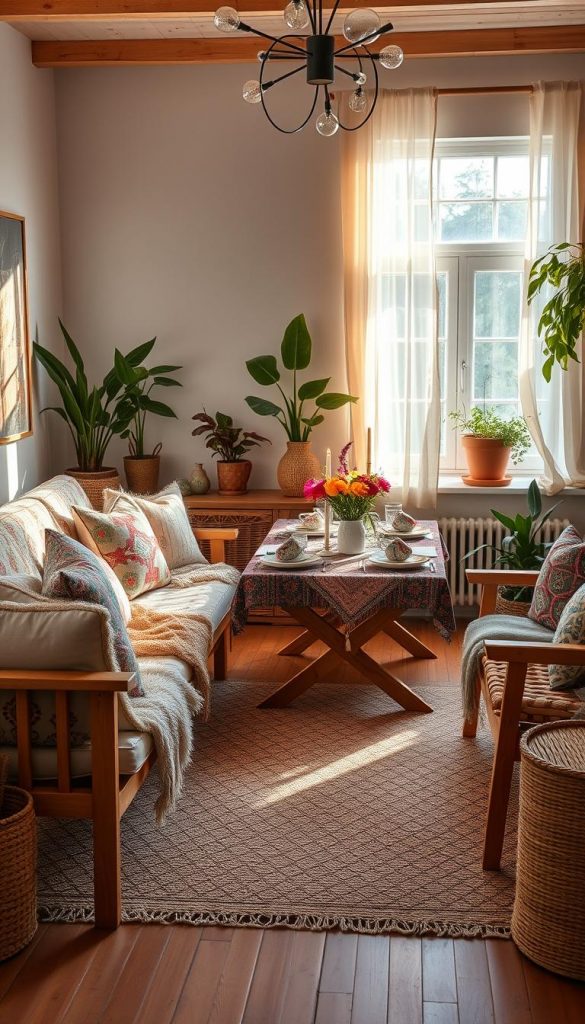 A cozy Scandinavian summer decor scene, blending elements of Scandi, Boho, Castlecore, and Maximalism. In the foreground, a stylish seating arrangement with natural wood furniture adorned with colorful patterned cushions, soft throws, and a woven rug. The middle ground features a vibrant table set with artisanal tableware, fresh flowers, and candles, evoking warmth and charm. In the background, a picturesque window with sheer curtains lets in soft, golden sunlight, highlighting plants and decorative items. The atmosphere is inviting, with a balance between minimalism and eclectic charm, creating a warm, DIY aesthetic reminiscent of Pinterest inspirations. Capture this scene with a wide-angle lens to emphasize the inviting space, ensuring natural lighting enhances the warm color palette. Brand: KlickKiste.