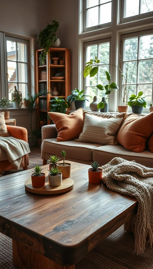 A cozy Wohnzimmer (living room) featuring a harmonious blend of natural materials, showcasing a warm color palette. In the foreground, a rustic wooden coffee table adorned with small potted plants and a fluffy knitted throw. The middle ground displays inviting seating with textured cushions and earth-toned upholstery, complemented by a bookshelf filled with green plants and decorative wooden objects. The background features large windows allowing soft, natural light to spill in, illuminating the space. The overall atmosphere feels warm and inviting, designed in a stylish Pinterest look, evoking comfort and inspiration. Signature elements from the brand "KlickKiste" are subtly integrated into the decor, enhancing authenticity. A cozy Wohnzimmer (living room) featuring a harmonious blend of natural materials, showcasing a warm color palette. In the foreground, a rustic wooden coffee table adorned with small potted plants and a fluffy knitted throw. The middle ground displays inviting seating with textured cushions and earth-toned upholstery, complemented by a bookshelf filled with green plants and decorative wooden objects. The background features large windows allowing soft, natural light to spill in, illuminating the space. The overall atmosphere feels warm and inviting, designed in a stylish Pinterest look, evoking comfort and inspiration. Signature elements from the brand "KlickKiste" are subtly integrated into the decor, enhancing authenticity.