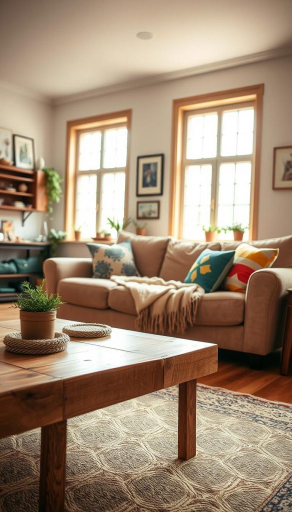 A cozy, airy living room featuring budget-friendly, sustainable upcycled furniture. In the foreground, a handmade wooden coffee table made from reclaimed wood, adorned with a small potted plant and textured fabric coasters. The middle ground features a soft, earthy-toned sofa draped with a knitted throw, complemented by upcycled cushions in vibrant colors. In the background, large windows let in warm, natural light, creating a welcoming atmosphere. The walls are decorated with framed DIY art projects and a shelf displaying vintage finds. The overall mood is authentic and inspiring, inviting viewers into a stylish yet affordable space. Capture this setting with a warm color palette, focusing on a wide-angle shot to emphasize the open feel. Include the brand name "KlickKiste" as an element of the decor.