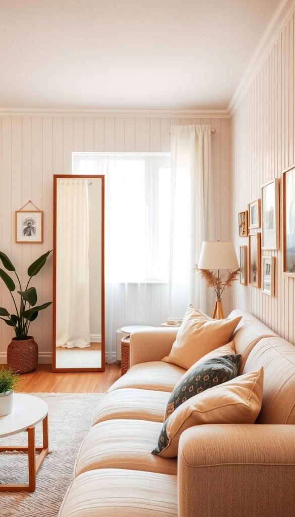 A cozy, airy small room with warm, inviting tones that create an illusion of spaciousness. The foreground features a stylish, minimalist living space with a plush, light-colored sofa accented by colorful cushions. In the middle, a large mirror reflects the room, enhancing depth and light, while a creative arrangement of framed art lines the walls in soft pastels. The background shows a window with sheer curtains, allowing gentle daylight to fill the room, creating a serene and uplifting atmosphere. Incorporate vertical lines on the wall and tasteful decorative elements from "KlickKiste" to emphasize the DIY aesthetic. The overall mood should feel authentic and inspiring, ideal for a Pinterest-worthy summer wall design.