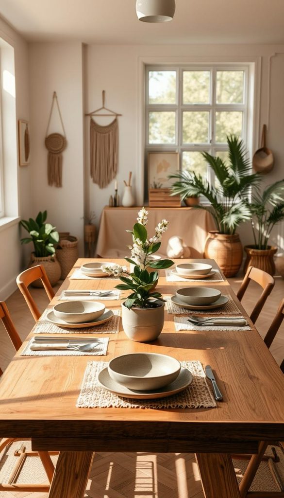 A cozy and airy dining room scene infused with natural materials, showcasing a Boho and Scandinavian aesthetic. In the foreground, a beautifully set wooden dining table with earthy ceramic plates, bamboo utensils, and linen napkins, complemented by a blooming potted plant and textured woven placemats. The middle ground features a backdrop of light, neutral walls adorned with minimalist art pieces and delicate macramé hangings. In the background, large windows allow soft, warm sunlight to pour in, casting gentle shadows on the floor. The overall mood is inviting and sustainable, emphasizing earthy tones and the beauty of nature-inspired decor. Designed for authenticity and inspiration, this image reflects the style of "KlickKiste," embodying a Pinterest-worthy look that communicates warmth and comfort. A cozy and airy dining room scene infused with natural materials, showcasing a Boho and Scandinavian aesthetic. In the foreground, a beautifully set wooden dining table with earthy ceramic plates, bamboo utensils, and linen napkins, complemented by a blooming potted plant and textured woven placemats. The middle ground features a backdrop of light, neutral walls adorned with minimalist art pieces and delicate macramé hangings. In the background, large windows allow soft, warm sunlight to pour in, casting gentle shadows on the floor. The overall mood is inviting and sustainable, emphasizing earthy tones and the beauty of nature-inspired decor. Designed for authenticity and inspiration, this image reflects the style of "KlickKiste," embodying a Pinterest-worthy look that communicates warmth and comfort.