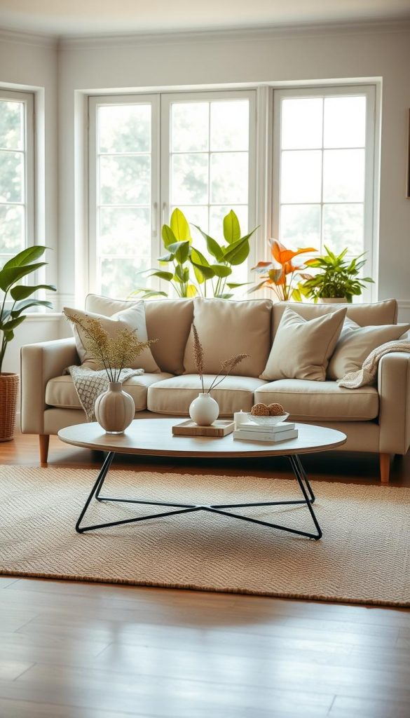 A cozy and bright living room scene that embodies a natural DIY aesthetic with warm color tones, specifically designed for an inviting atmosphere. In the foreground, a soft, textured area rug situated beneath a stylish coffee table adorned with minimal yet elegant decor items, avoiding overcrowding. The middle layer features a modern, plush sofa in soft hues, complemented by carefully chosen throw pillows that add just the right amount of color without overwhelming the space. In the background, large windows bathe the room in natural light, showcasing lush indoor plants that enhance the vibrant ambiance. The overall mood is inspirational and authentic, resembling a Pinterest-worthy design by KlickKiste, focusing on achieving balance in proportions and avoiding color tints. Emphasize soft lighting that highlights the warmth of the room, captured from a slightly elevated angle for depth.