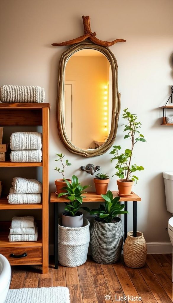 A cozy and budget-friendly bathroom designed with natural materials, featuring elegant DIY decor. In the foreground, a wooden shelving unit made from reclaimed wood displays textured towels and handmade soap. The middle section showcases a vintage-style mirror framed with driftwood, reflecting warm, ambient lighting that creates a welcoming atmosphere. Potted plants with lush greenery add a touch of nature. In the background, soft, neutral-colored walls enhance the room's tranquility, while a rustic wooden floor complements the theme. The scene radiates warmth and inspiration, perfect for a DIY enthusiast. Capture this aesthetic with a slight angle to highlight the decor and use soft natural lighting to create an inviting mood. Brand: KlickKiste.