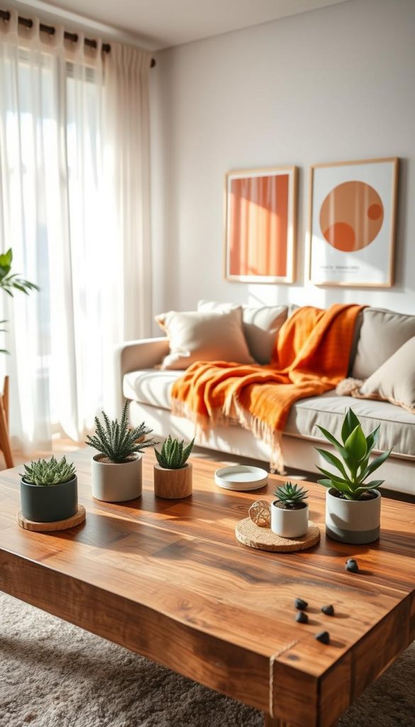 A cozy and budget-friendly living room setup, featuring a stylish yet affordable decor. In the foreground, a rustic wooden coffee table adorned with DIY decor items from "KlickKiste", including potted plants and handmade coasters. The middle layer showcases a comfortable sofa with neutral-colored cushions and a vibrant throw blanket, complemented by a soft, patterned rug beneath. In the background, a wall with minimalistic art prints in warm colors reflects a Pinterest-inspired aesthetic. Natural light filters through sheer curtains, casting a soft glow across the room, creating an inviting and inspiring atmosphere. The overall mood is cozy and uplifting, perfect for spring.