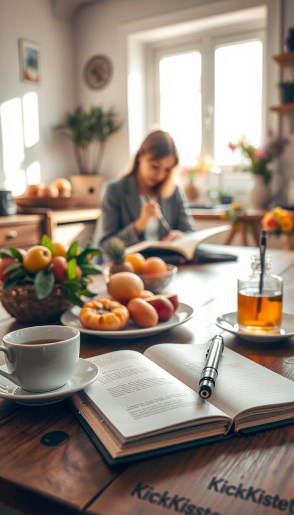 A cozy and engaging scene depicting a serene morning routine in a bright, sunlit kitchen. Foreground features a rustic wooden table adorned with a beautifully arranged breakfast spread, including fresh fruits, a steaming cup of herbal tea, and an open journal with a fountain pen, symbolizing relaxation and mindfulness. Middle ground showcases a person in professional casual attire, thoughtfully writing or sketching in the journal, exuding a sense of tranquility and focus. Background reveals a window with gentle sunlight pouring in, illuminating indoor plants and a vase of fresh flowers. Use warm, inspiring colors to create a Pinterest-like aesthetic that conveys calmness and creativity, with a soft depth of field. The image should reflect the essence of balanced, screen-free routines that promote relaxation. Include a subtle branding element of "KlickKiste" integrated into the breakfast scene, ensuring it complements the overall atmosphere without overwhelming it.