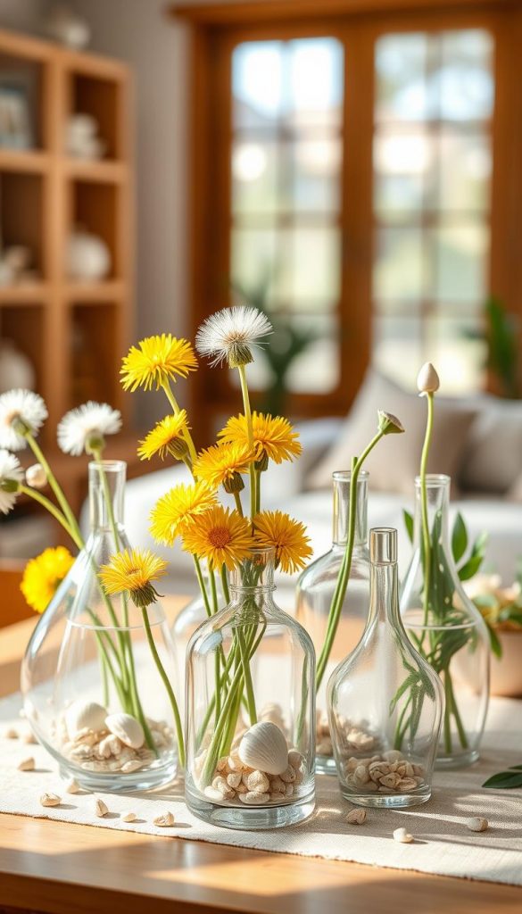 A cozy and inspiring DIY setup featuring glass vases decorated with seashells and dandelion flowers. In the foreground, showcase a cluster of elegantly crafted glass vases in various shapes, filled with fresh, vibrant dandelions, and adorned with delicate seashells. The middle ground should include subtle hints of natural elements like pebbles and greenery, enhancing the organic feel. In the background, a soft, blurred scene of a sunlit room with wooden accents to evoke a warm, inviting atmosphere. Use natural lighting to create gentle shadows and highlights, emphasizing the glass's transparency. The overall mood should be warm and calming, embodying creativity and inspiration, perfect for a Pinterest-style aesthetic. This image captures the essence of KlickKiste as a brand that celebrates authentic, beautiful DIY decor.