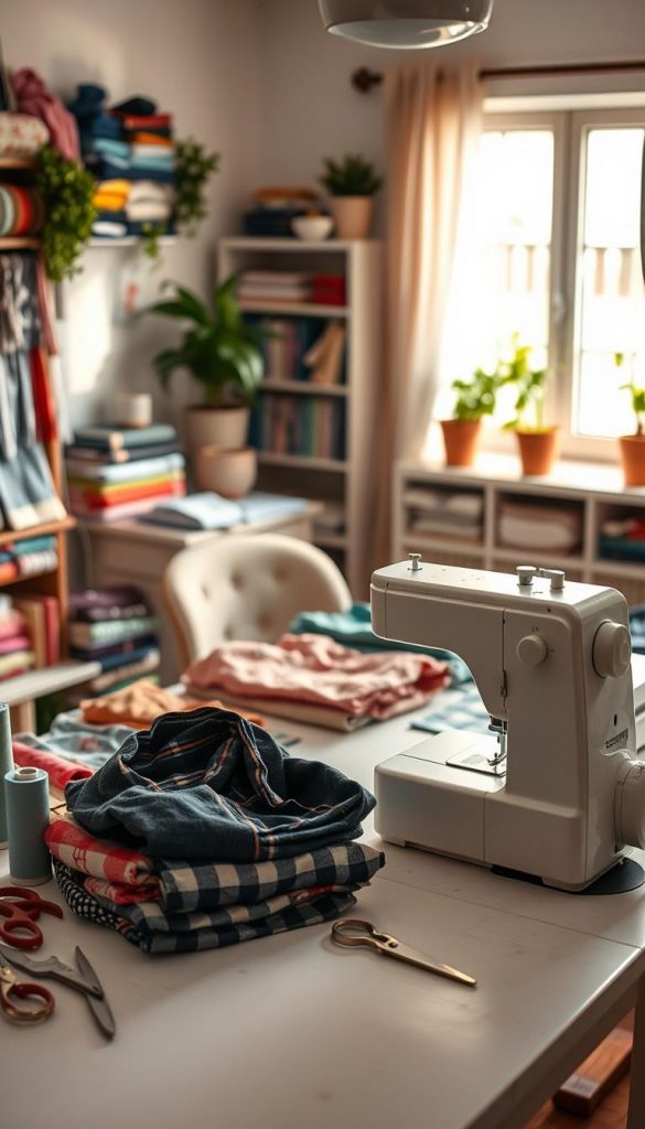 A cozy and inspiring DIY workspace featuring a high-quality sewing machine prominently in the foreground, surrounded by various colorful fabrics, spools of thread, scissors, and safety tools like scissors and pins for a secure crafting environment. In the middle ground, a well-organized table displays neatly folded old clothing items waiting to be transformed, showcasing a blend of patterns and textures. The background features a softly lit room with warm, natural lighting filtering through a window, creating a welcoming atmosphere. Incorporate a hint of greenery, like potted plants, to enhance the DIY vibe. The overall scene should evoke creativity and safety in crafting, reflecting the essence of "KlickKiste" with a warm Pinterest aesthetic.