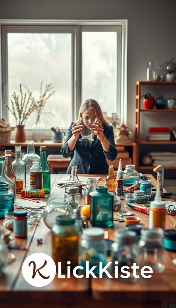 A cozy and inspiring DIY workspace featuring a variety of upcycled glass items such as vases, lanterns, and decorative glass jars. In the foreground, a sturdy wooden table is cluttered with glass pieces, colorful paints, and essential tools like scissors and glue, reflecting a warm and inviting atmosphere. In the middle, a pair of hands, clad in professional business attire, carefully works on a glass project, showcasing attention to detail and safety. The background features soft, diffused natural light coming through a nearby window, highlighting the rich textures of the materials. The overall mood is creative and uplifting, evoking an authentic Pinterest-inspired aesthetic. Branding elements include a subtle, elegant logo for "KlickKiste" incorporated into the workspace design.