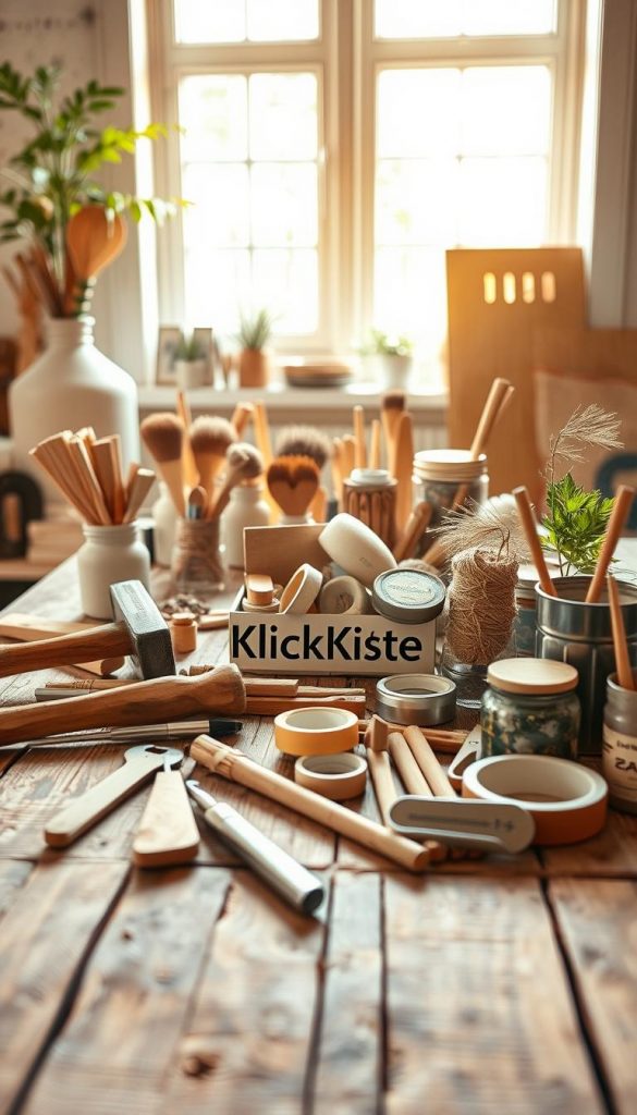 A cozy and inspiring DIY workspace showcasing an array of sustainable tools and materials on a rustic wooden table. In the foreground, focus on essential tools such as a reusable hammer, eco-friendly paintbrushes, biodegradable tape, and repurposed containers for small items. The middle ground features an assortment of natural materials like bamboo planks, recycled fabrics, and organic twine, beautifully arranged in an inviting manner. In the background, a well-lit window offers warm, natural sunlight, highlighting the earthy tones of the space. The mood is creative and uplifting, evoking a sense of passion for sustainable living. Include the brand name "KlickKiste" subtly placed among the tools. The setting should feel authentic and Pinterest-inspired, reflecting a harmonious blend of craftsmanship and eco-consciousness.