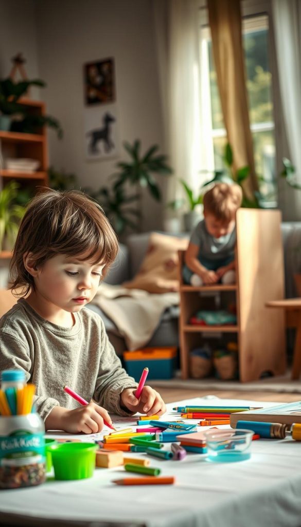 A cozy and inspiring home environment where children engage in self-sufficient activities. In the foreground, a young child, around 6 years old, is focused on an art project, surrounded by colorful supplies and tools, wearing modest casual clothing. In the middle, another child, aged 8, is organizing their toy area, showcasing responsibility. The background features a softly lit living room with natural light streaming through a window, plants, and warm colors that evoke a friendly atmosphere. The scene embodies warmth, creativity, and the theme of fostering independence among children, with a Pinterest-like aesthetic. Include subtle branding elements of "KlickKiste" in the decor subtly for an authentic touch. A cozy and inspiring home environment where children engage in self-sufficient activities. In the foreground, a young child, around 6 years old, is focused on an art project, surrounded by colorful supplies and tools, wearing modest casual clothing. In the middle, another child, aged 8, is organizing their toy area, showcasing responsibility. The background features a softly lit living room with natural light streaming through a window, plants, and warm colors that evoke a friendly atmosphere. The scene embodies warmth, creativity, and the theme of fostering independence among children, with a Pinterest-like aesthetic. Include subtle branding elements of "KlickKiste" in the decor subtly for an authentic touch.