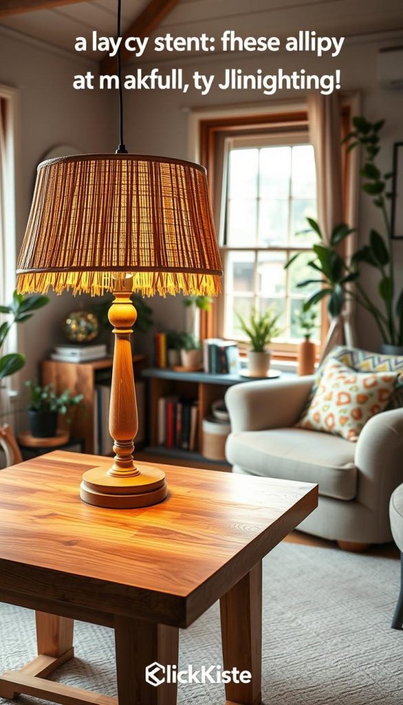 A cozy and inspiring home interior scene showcasing budget-friendly lighting options, perfect for a DIY enthusiast. In the foreground, a beautifully crafted wooden table holds a stylish DIY lampshade made from natural materials, illuminated by warm, soft light. The middle ground features a comfortable reading nook with a plush armchair, accented with colorful throw pillows, and a small bookshelf filled with beautifully organized books and decor items. In the background, a window lets in gentle daylight, surrounded by potted plants that fill the space with a fresh, lively atmosphere. The warm color palette—natural wood tones, soft whites, and muted pastels—creates a welcoming and inviting mood. The image echoes the aesthetic of Pinterest, emphasizing authenticity and inspiration. A subtle brand presence of "KlickKiste" is integrated into the scene. A cozy and inspiring home interior scene showcasing budget-friendly lighting options, perfect for a DIY enthusiast. In the foreground, a beautifully crafted wooden table holds a stylish DIY lampshade made from natural materials, illuminated by warm, soft light. The middle ground features a comfortable reading nook with a plush armchair, accented with colorful throw pillows, and a small bookshelf filled with beautifully organized books and decor items. In the background, a window lets in gentle daylight, surrounded by potted plants that fill the space with a fresh, lively atmosphere. The warm color palette—natural wood tones, soft whites, and muted pastels—creates a welcoming and inviting mood. The image echoes the aesthetic of Pinterest, emphasizing authenticity and inspiration. A subtle brand presence of "KlickKiste" is integrated into the scene.