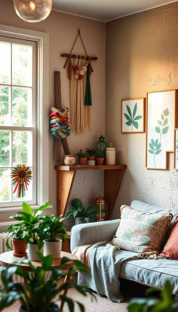 A cozy and inspiring room featuring "KlickKiste" upcycled wall decor made from budget-friendly materials. In the foreground, display beautifully crafted wall hangings made of repurposed wood and colorful fabric scraps, arranged artistically. In the middle, show a rustic shelf filled with potted plants and vintage trinkets, emphasizing the DIY aesthetic. In the background, warm, natural light filters through a large window, casting a soft glow on textured, painted walls adorned with nature-inspired artwork. The atmosphere is inviting and creative, embodying a summer home vibe with lush greenery visible outside. Capture a Pinterest-worthy scene that reflects sustainability and budget-friendly creativity.