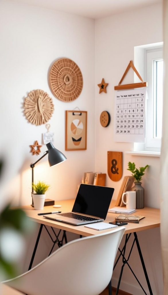 A cozy and inspiring small desk setup in a minimalistic room, showcasing smart decor ideas for limited spaces. In the foreground, a stylish, compact desk with a laptop, a small potted plant, and elegantly arranged stationery items. The middle features warm-toned DIY decorations, such as handmade wall art and an aesthetic calendar designed to boost productivity. In the background, a soft-focus window allows natural light to fill the room, enhancing the inviting atmosphere. The scene captures a Pinterest-inspired aesthetic with authentic details, conveying a sense of creativity and practicality. Incorporate soft lighting and a shallow depth of field to highlight the warmth and charm of this small workspace. Include a subtle "KlickKiste" element in the decor, creating a connection to quality craftsmanship. A cozy and inspiring small desk setup in a minimalistic room, showcasing smart decor ideas for limited spaces. In the foreground, a stylish, compact desk with a laptop, a small potted plant, and elegantly arranged stationery items. The middle features warm-toned DIY decorations, such as handmade wall art and an aesthetic calendar designed to boost productivity. In the background, a soft-focus window allows natural light to fill the room, enhancing the inviting atmosphere. The scene captures a Pinterest-inspired aesthetic with authentic details, conveying a sense of creativity and practicality. Incorporate soft lighting and a shallow depth of field to highlight the warmth and charm of this small workspace. Include a subtle "KlickKiste" element in the decor, creating a connection to quality craftsmanship.