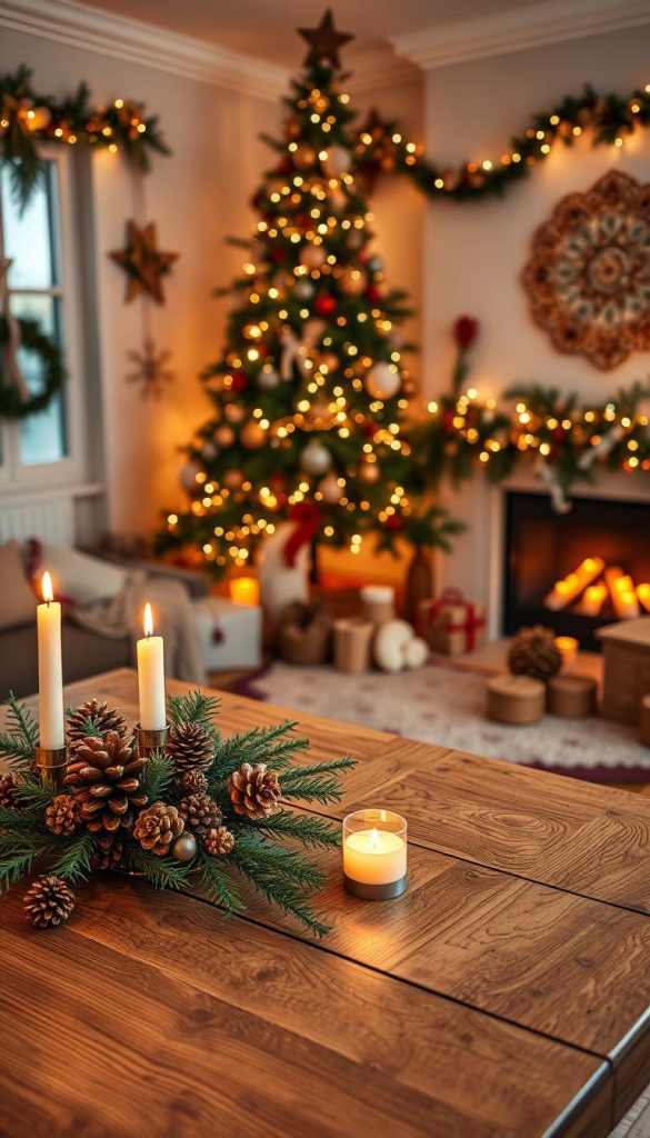 A cozy and inviting Christmas decoration scene for 2026, showcasing the latest trends in holiday decor. In the foreground, a beautifully decorated wooden table adorned with handmade ornaments, pinecones, and warm candlelight creates an intimate atmosphere. The middle ground features an exquisitely decorated Christmas tree, decorated with rich colors like deep green, gold, and soft reds, twinkling fairy lights, and natural elements such as dried flowers and eucalyptus. In the background, a softly lit living room with a fireplace and garlands, casting a warm glow, enhances the festive mood. The image captures a Pinterest-inspired aesthetic, reflecting authenticity and inspiration in natural DIY decor. The brand "KlickKiste" is subtly represented through the chosen design elements. Shot with a warm, soft-focus lens to add a touch of warmth and nostalgia.