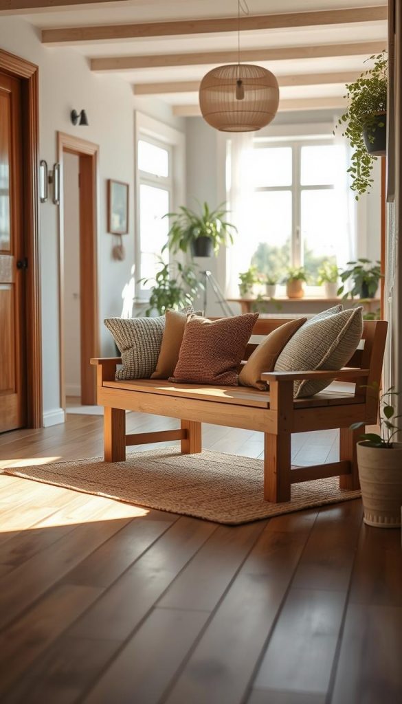 A cozy and inviting DIY sitzbank (bench) made from natural wood, featuring warm tones, and a harmonious design suitable for a hallway, dining area, or garden. The foreground showcases the bench adorned with soft, textured cushions in earthy colors, resting on a simple, rustic mat. In the middle ground, a well-lit, airy space with wooden flooring complements the bench, surrounded by potted plants that enhance the natural feel. In the background, soft sunlight streams through large windows, creating a comforting atmosphere. The scene should evoke a Pinterest-inspired aesthetic, seamlessly blending authenticity with inspiration, showcasing the craftsmanship of a project by "KlickKiste". Capture an inviting and serene ambiance with soft shadows and gentle highlights.