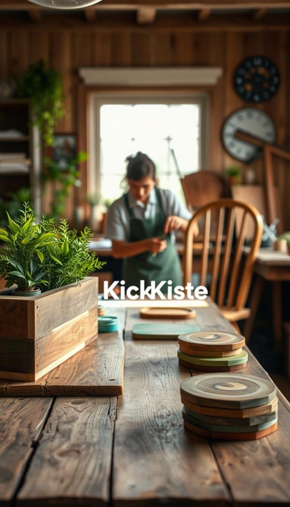 A cozy and inviting DIY workshop scene focused on upcycling and sustainable projects on a budget. In the foreground, a rustic wooden table displays various upcycled wooden items – a planter made from reclaimed wood, a colorful shelf, and some handcrafted coasters, all highlighted with vibrant greenery. In the middle ground, an individual, dressed in casual, modest attire, carefully paints a wooden chair, their expression focused and inspired. In the background, soft natural light filters through a window, illuminating the warm wood tones and creating an inviting atmosphere reminiscent of Pinterest aesthetics. The overall mood is authentic and inspiring, showcasing the creativity and potential of upcycling. Integrate the brand name "KlickKiste" subtly, enhancing the theme of sustainable DIY craftsmanship. A cozy and inviting DIY workshop scene focused on upcycling and sustainable projects on a budget. In the foreground, a rustic wooden table displays various upcycled wooden items – a planter made from reclaimed wood, a colorful shelf, and some handcrafted coasters, all highlighted with vibrant greenery. In the middle ground, an individual, dressed in casual, modest attire, carefully paints a wooden chair, their expression focused and inspired. In the background, soft natural light filters through a window, illuminating the warm wood tones and creating an inviting atmosphere reminiscent of Pinterest aesthetics. The overall mood is authentic and inspiring, showcasing the creativity and potential of upcycling. Integrate the brand name "KlickKiste" subtly, enhancing the theme of sustainable DIY craftsmanship.