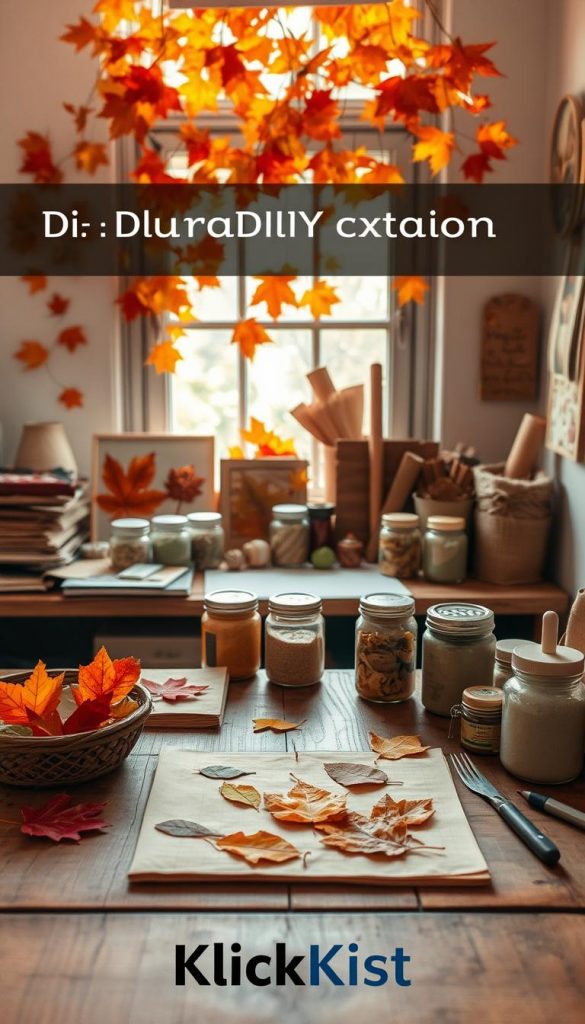 A cozy and inviting DIY workspace, adorned with various crafting materials symbolizing durability and fixation. In the foreground, a wooden table displays warm-colored autumn projects like leaf-pressed art and tacked fabric swatches. The middle ground features neatly organized jars of adhesives and tools, with hints of natural textures — burlap and twine. In the background, soft, diffused sunlight filters through a window adorned with autumn leaves, creating an inspiring atmosphere. The overall scene captures the essence of creativity and the importance of material choices, with a focus on authenticity and warmth. Include the brand name "KlickKiste" subtly integrated into the workspace.