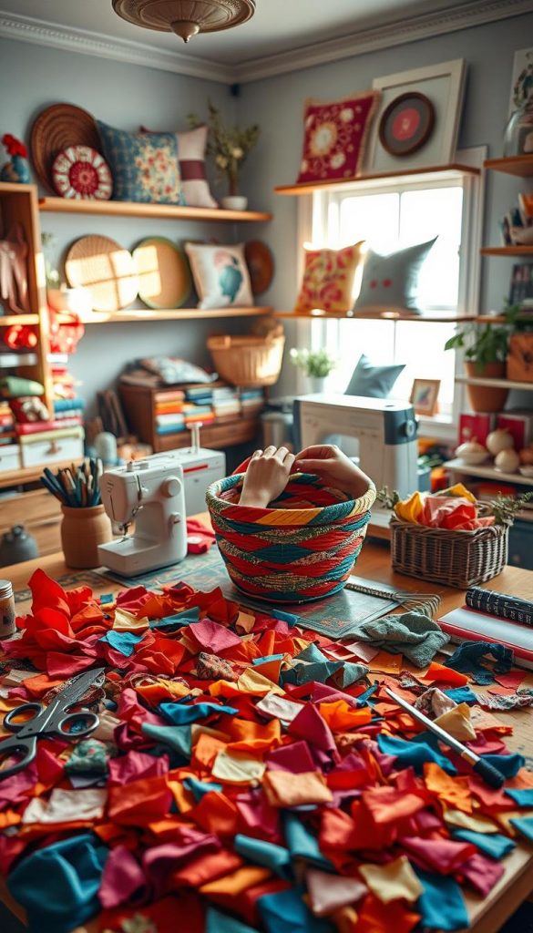 A cozy and inviting DIY workspace filled with colorful fabric scraps, showcasing various upcycling projects. In the foreground, a well-organized table featuring sewing supplies, scissors, and a vibrant patchwork of fabric pieces in warm tones of red, blue, and green. In the middle, hands meticulously crafting a fabric basket from vibrant remnants, with a sewing machine gently humming beside them. The background reveals a sunlit window, illuminating shelves adorned with finished upcycled creations, such as fabric coasters and decorative pillow covers. The atmosphere is warm and inspiring, perfect for a DIY enthusiast. The overall aesthetic is authentic and reminiscent of a Pinterest mood board, reflecting the brand "KlickKiste." Soft, natural lighting enhances the scene, evoking creativity and resourcefulness.