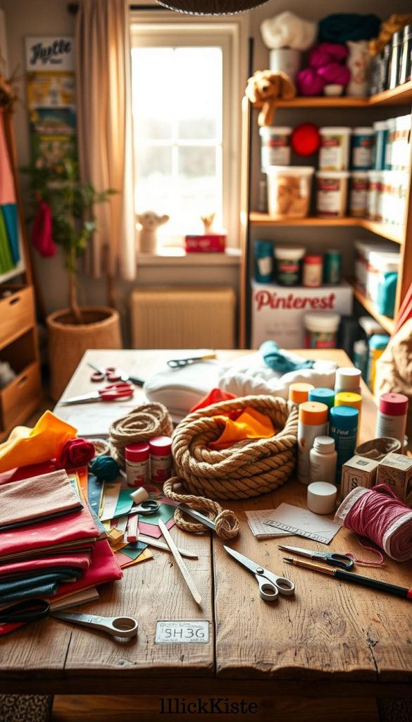 A cozy and inviting DIY workspace filled with essential pet care materials. In the foreground, a wooden table crafted from natural materials displays colorful fabric swatches, rolls of sturdy rope, and various pet-friendly paints. Scattered around are tools like scissors and measuring tape, hinting at the creative potential for pet projects. In the middle, a soft, warm light filters through a nearby window, illuminating the vibrant colors and textures of the supplies. The background features a well-organized shelf with neatly labeled containers of additional DIY materials, such as felt and yarn, revealing a Pinterest-inspired aesthetic. The overall mood is warm and inspiring, embodying a creative atmosphere suitable for pet owners planning their next DIY project. Include subtle branding elements from "KlickKiste" to enhance the visual appeal.