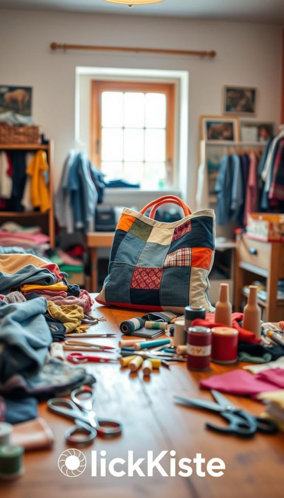 A cozy and inviting DIY workspace filled with various upcycled clothing items. In the foreground, a wooden table is cluttered with colorful fabrics, including a patchwork of old shirts and jeans, scissors, and spools of thread. The middle layer features a vibrant, partially completed project, like a tote bag made from old cotton fabrics. In the background, a soft-lit window lets in warm, natural light, illuminating the scene and creating a gentle atmosphere. The overall vibe is homey and creative, reminiscent of a Pinterest aesthetic, reflecting sustainability and inspiration. The brand name "KlickKiste" subtly incorporated into the workspace.