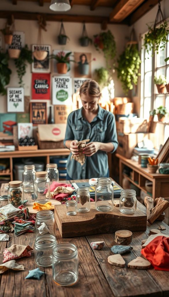 A cozy and inviting DIY workspace filled with various upcycled materials showcasing creative sustainability projects. In the foreground, a rustic wooden table displays an assortment of vibrant fabric scraps, glass jars, and reclaimed wood pieces. The middle ground features hands of a person wearing modest casual clothing, skillfully crafting a unique gift from the upcycled items. In the background, a wall adorned with inspirational upcycling posters and hanging plants creates a warm, natural atmosphere. Soft, natural lighting filters in through a window, casting gentle shadows and highlighting the textures of the materials. This scene exudes a Pinterest-inspired aesthetic, making it authentic and inspiring, reflecting the essence of "KlickKiste."