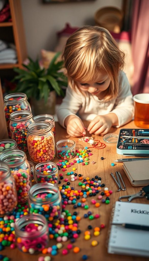 A cozy and inviting DIY workspace filled with vibrant, colorful beads scattered on a wooden table, representing the theme "kosten zeit pflege perlen." In the foreground, a variety of clear jars brimming with assorted beads, strings, and tools. The middle ground features a child's hands working meticulously on a small jewelry project, showcasing creativity and engagement, while a neatly arranged toolkit lies nearby. The background is softly blurred to enhance focus on the crafting process, with warm, natural lighting creating a welcoming atmosphere. Include elements like a warm cup of tea and a notebook labeled "KlickKiste" nearby, setting a serene yet inspiring mood, reminiscent of Pinterest aesthetics. The overall vibe is authentic, encouraging creativity for home projects.