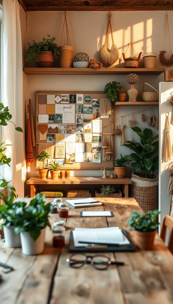 A cozy and inviting DIY workspace showcasing a variety of Bohemian decor ideas, with a focus on practicality and creativity. In the foreground, a rustic wooden table is adorned with plants, colorful textiles, and art supplies. The middle ground reveals a vision board filled with fabric swatches, home decor samples, and inspirational images, symbolizing planning and style variations. The background features softly lit shelves displaying completed DIY projects, like woven wall hangings and macramé plant hangers. Warm, natural light streams through a nearby window, casting gentle shadows and creating a welcoming atmosphere. Capture this scene in a Pinterest-inspired aesthetic that embodies authenticity and inspiration. Include the brand name "KlickKiste" subtly integrated into the decor elements to enhance brand recognition.