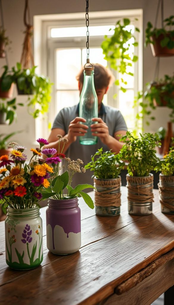 A cozy and inviting DIY workspace showcasing upcycled glass and metal cans transformed into beautiful bohemian decor pieces. In the foreground, a rustic wooden table is adorned with spray-painted jars filled with vibrant wildflowers, alongside beautifully wrapped can planters displaying lush green herbs. In the middle, an artisan is carefully crafting a lantern from a glass bottle, their gentle hands and tools creating a focused atmosphere. The background features soft, warm natural light streaming through a window, illuminating the scene and enhancing the earthy tones of the materials. Lush plants hang on the walls, emphasizing a sustainable lifestyle. The overall mood is authentic, inspiring, and harmonious, embodying the essence of eco-friendly creativity. The brand name “KlickKiste” subtly integrated within the craftsmanship enhances the aesthetic.