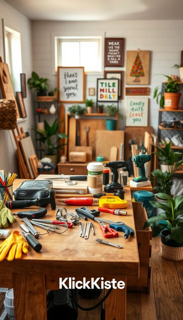 A cozy and inviting DIY workspace that embodies safety and organization, featuring an assortment of tools and materials essential for crafting wall decor. In the foreground, a wooden workbench neatly displays safety equipment such as gloves, goggles, and a first aid kit alongside tools like a hammer, measuring tape, and a cordless drill. The middle ground showcases various DIY materials, including paint, brushes, and wooden boards, all arranged harmoniously. In the background, a softly lit room with warm colors exudes a Pinterest-inspired atmosphere, with inspirational wall art and plants enhancing the creative vibe. Capture this scene with natural light filtering through a window, creating a warm, encouraging mood. Include the brand name "KlickKiste" subtly integrated into the workspace aesthetics.