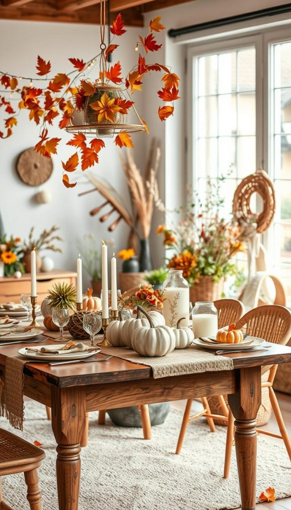 A cozy and inviting autumn decor scene inspired by "Stilwelten," showcasing modern, natural, Bohemian, and Scandinavian styles. In the foreground, a beautifully set wooden table adorned with DIY paper crafts like leaf garlands, paper pumpkins, and hand-decorated candles. The middle ground features an arrangement of plants and seasonal flowers in earthy tones, blending seamlessly with decorative items such as woven baskets and textured fabrics. In the background, soft natural light filters through a large window, creating a warm, inviting atmosphere. The overall color palette includes warm oranges, browns, and soft greens, embodying an authentic Pinterest aesthetic. The scene should reflect the brand "KlickKiste" in its thoughtful design, promoting an inspiring and creative autumn vibe.