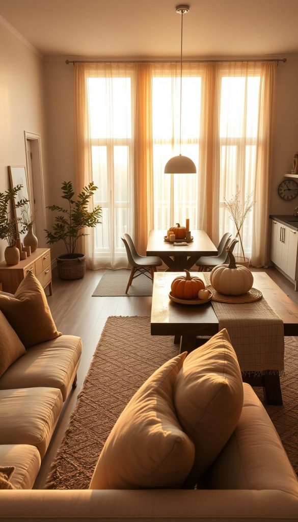 A cozy and inviting autumn living space designed for minimalism, featuring a stylish yet simple living room, a serene bedroom, a functional kitchen, an organized hallway, and a charming balcony, all embracing the warm tones of fall. The foreground showcases a comfortable sofa with soft cushions and a plush rug, while the middle ground highlights a wooden dining table adorned with natural elements like pumpkins and candles. In the background, large windows allow golden sunlight to filter through sheer curtains, casting a gentle glow across the room. The colors are earthy and warm, creating a harmonious atmosphere reminiscent of Pinterest aesthetics. This image should reflect a versatile design suitable for various spaces, branded as “KlickKiste.”