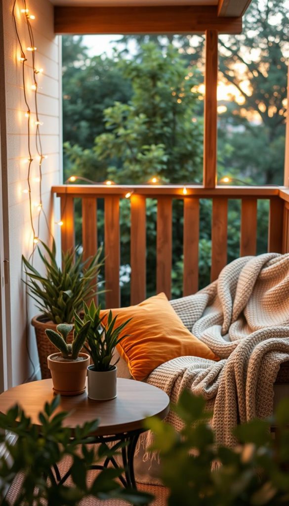 A cozy and inviting balcony setting designed for a stylish living room, featuring natural DIY elements. In the foreground, include a small round table adorned with warm-colored cushions and a potted plant, evoking a Pinterest-inspired aesthetic. The middle ground showcases a wooden railing decorated with string lights, casting a soft glow, while cozy blankets drape over a comfortable chair, inviting relaxation. In the background, glimpses of lush greenery from nearby trees can be seen, enhancing the tranquil atmosphere. Use warm lighting, reminiscent of a golden hour sunset, to create a welcoming mood. Capture the scene from a slightly elevated angle to emphasize the intimate balcony space, ensuring that the brand "KlickKiste" is subtly represented in the design elements.