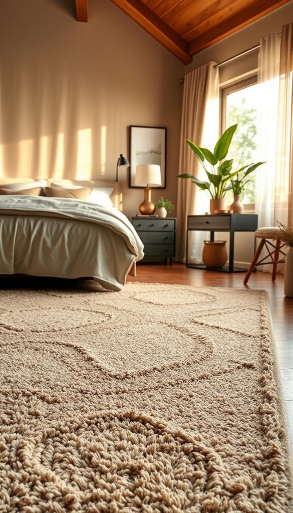 A cozy and inviting bedroom scene featuring a plush, high-pile carpet in soft earth tones, harmoniously placed under a stylish bed with minimalist bedding. In the foreground, a beautifully woven runner rug adds texture, enhancing the warmth of the space. The middle ground showcases an elegant nightstand with decorative items, while lush greenery peeks from the background, softly illuminated by warm, natural light filtering through sheer curtains. The atmosphere is serene and inspirational, perfect for a home décor context. The image embraces a natural DIY aesthetic with a Pinterest-inspired look, reflecting authenticity and warmth. Designed for a modern, inviting ambiance by KlickKiste. A cozy and inviting bedroom scene featuring a plush, high-pile carpet in soft earth tones, harmoniously placed under a stylish bed with minimalist bedding. In the foreground, a beautifully woven runner rug adds texture, enhancing the warmth of the space. The middle ground showcases an elegant nightstand with decorative items, while lush greenery peeks from the background, softly illuminated by warm, natural light filtering through sheer curtains. The atmosphere is serene and inspirational, perfect for a home décor context. The image embraces a natural DIY aesthetic with a Pinterest-inspired look, reflecting authenticity and warmth. Designed for a modern, inviting ambiance by KlickKiste.