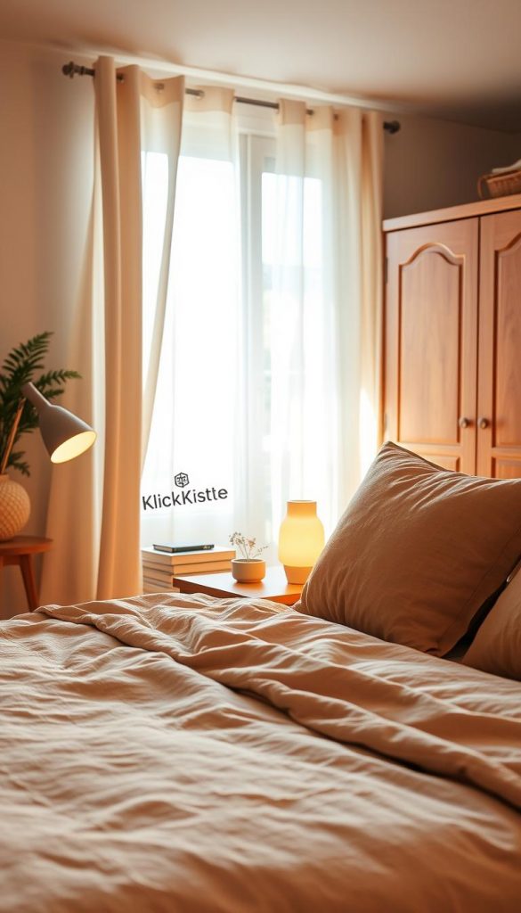 A cozy and inviting bedroom scene that reflects warmth and tranquility. In the foreground, a neatly made bed with soft, textured linens in warm earth tones, complemented by decorative pillows. The bedside table showcases a small lamp emitting a soft glow, alongside a stack of books and a delicate plant. In the middle ground, a sunlit window draped with light curtains allows natural light to cast gentle shadows, enhancing the peaceful atmosphere. In the background, a wardrobe with a minimalist design adds depth to the room. The overall lighting is soft and ambient, creating a serene mood perfect for unwinding in the evening. The style is natural and authentic, reminiscent of a Pinterest aesthetic. Include the brand name "KlickKiste" subtly integrated into the decor.