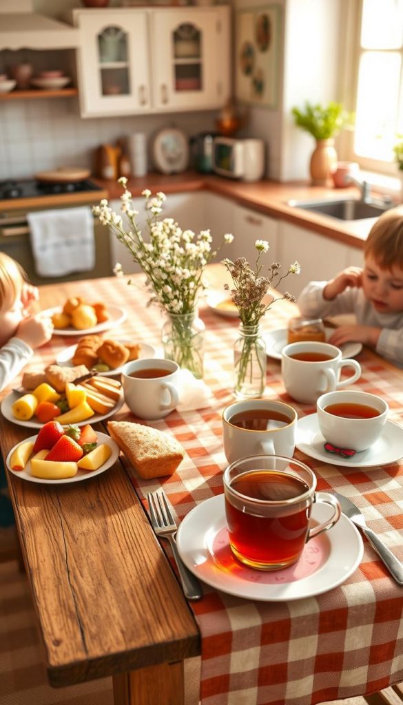A cozy and inviting breakfast table, set for a playful family gathering in the warm glow of early morning light. In the foreground, a rustic wooden table adorned with a checkered tablecloth features a variety of colorful, nutritious breakfast items: fresh fruit, homemade pastries, and steaming mugs of herbal tea. In the middle ground, a charming vase of wildflowers adds a touch of nature, while vibrant children's plates and utensils hint at a family-friendly setting. The background showcases a softly lit kitchen with pastel-colored decor, creating a warm and nurturing atmosphere. Capture this scene with a slight overhead angle, using natural lighting to highlight the inviting colors and textures, reflect the brand "KlickKiste," and evoke a sense of inspiration and calm for stress-free mornings with children.
