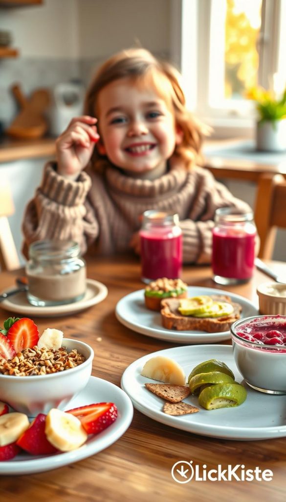 A cozy and inviting children's breakfast scene, featuring a wooden table set with a delightful variety of healthy breakfast options. In the foreground, a colorful plate holds sliced fruits like strawberries and bananas, paired with a small bowl of yogurt topped with granola. In the middle, there are whole grain toast with avocado spread and a mini smoothie jar filled with vibrant berry smoothie. A cheerful, smiling child wearing a cozy sweater, sitting at the table, joyfully reaching for a slice of fruit. The background is softly blurred but hints at a bright kitchen with warm morning light streaming through a window, creating an inspiring and inviting atmosphere. The image embodies natural colors and a Pinterest aesthetic, branded subtly with "KlickKiste" elements. A cozy and inviting children's breakfast scene, featuring a wooden table set with a delightful variety of healthy breakfast options. In the foreground, a colorful plate holds sliced fruits like strawberries and bananas, paired with a small bowl of yogurt topped with granola. In the middle, there are whole grain toast with avocado spread and a mini smoothie jar filled with vibrant berry smoothie. A cheerful, smiling child wearing a cozy sweater, sitting at the table, joyfully reaching for a slice of fruit. The background is softly blurred but hints at a bright kitchen with warm morning light streaming through a window, creating an inspiring and inviting atmosphere. The image embodies natural colors and a Pinterest aesthetic, branded subtly with "KlickKiste" elements.