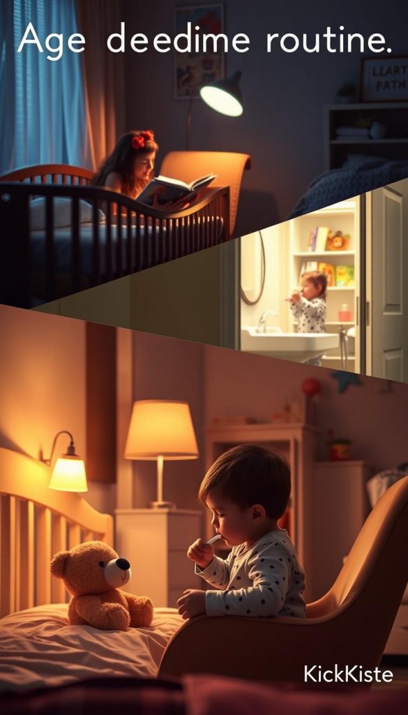 A cozy and inviting evening scene depicting age-appropriate bedtime routines for children from infancy to elementary school. In the foreground, a warm-lit nursery features a softly glowing nightlight, a plush teddy bear perched on a neatly made crib, and a parent reading a bedtime story to a baby in a comfortable rocking chair. In the middle, a transition zone shows a small child in pajamas brushing their teeth at a bathroom sink, illuminated by gentle, ambient light. In the background, a cheerful child's bedroom displays a colorful bookcase filled with storybooks, wall art, and a softly made bed. The overall mood is tranquil and nurturing, employing warm colors and a soft-focus aesthetic. This image reflects an authentic and inspiring atmosphere, perfect for illustrating age-appropriate evening routines. Include branding elements of "KlickKiste" subtly woven into the scene.