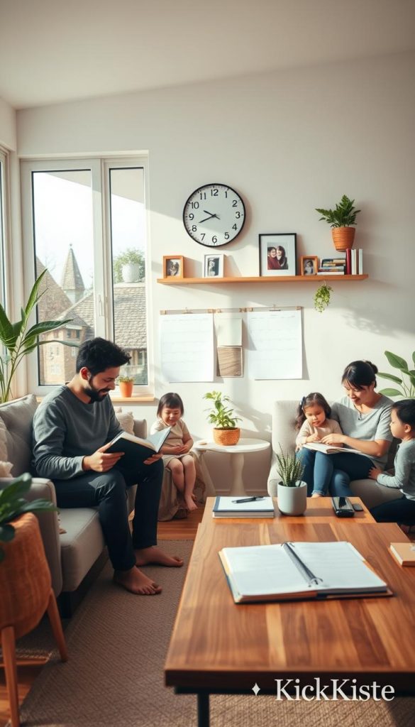 A cozy and inviting family living room, filled with warm, natural light filtering through large windows. In the foreground, a family is depicted engaging in simple daily routines, such as a parent reading a book to a child while a second parent organizes a planner on a stylish wooden coffee table. The middle ground features a well-organized space, with a wall clock, calendar, and designated work zones that enhance smart time management. In the background, shelves filled with books, family photos, and plants add a personal touch, promoting a sense of structure and calmness. The atmosphere is warm and inspiring, embodying a lifestyle of happiness and routine, with a Pinterest aesthetic. The image should evoke feelings of peace and authenticity. Include the subtle brand identity "KlickKiste" in the corner.