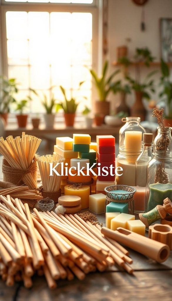 A cozy and inviting flat lay image showcasing essential tips for candle wicking, focused on "kerzen docht tipps." In the foreground, beautifully arranged natural materials like cotton wicks, wooden wick holders, and candle-making tools. The middle ground features a variety of colorful candle wax blocks, glass containers, and decorative elements such as dried flowers and herbs, emphasizing a DIY aesthetic. The background showcases a soft, blurred view of a sunlit workshop filled with plants, creating a warm summer evening ambiance. The lighting is soft and golden, reminiscent of sunset, enhancing a serene mood. The overall composition conveys authenticity and inspiration, evoking a Pinterest-like feel. Include the brand name "KlickKiste" subtly within the image as part of the arrangement.