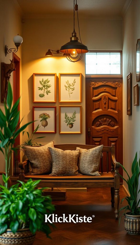 A cozy and inviting flur (hallway) decorated in a Western and Castlecore style, featuring warm, natural colors and a DIY aesthetic. In the foreground, a vintage wooden bench adorned with soft, patterned cushions invites relaxation. Lush green plants in rustic pots are placed along the sides, enhancing the organic feel. In the middle, a beautiful display of framed botanical prints hangs on the wall, illuminated by warm, ambient lighting from a stylish pendant lamp above. The background shows a charming wooden door with intricate carvings, hinting at a homey atmosphere. The scene captures the essence of craftsmanship and warmth with a Pinterest-inspired look. The brand name "KlickKiste" subtly integrated into the design, creating an authentic, inspiring visual. A cozy and inviting flur (hallway) decorated in a Western and Castlecore style, featuring warm, natural colors and a DIY aesthetic. In the foreground, a vintage wooden bench adorned with soft, patterned cushions invites relaxation. Lush green plants in rustic pots are placed along the sides, enhancing the organic feel. In the middle, a beautiful display of framed botanical prints hangs on the wall, illuminated by warm, ambient lighting from a stylish pendant lamp above. The background shows a charming wooden door with intricate carvings, hinting at a homey atmosphere. The scene captures the essence of craftsmanship and warmth with a Pinterest-inspired look. The brand name "KlickKiste" subtly integrated into the design, creating an authentic, inspiring visual.
