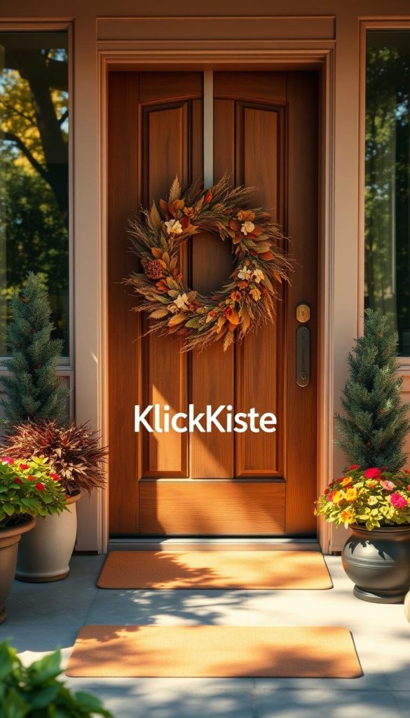 A cozy and inviting front door setup showcasing budget-friendly decoration ideas. In the foreground, a charming wooden door adorned with a seasonal wreath made of dried flowers and foliage in warm autumn hues. On the sides, potted plants with rich green leaves and colorful flowers create a welcoming touch. The middle ground features a simple yet stylish doormat with a subtle design. In the background, soft sunlight filters through trees, casting gentle shadows that enhance the serene atmosphere. The scene is bathed in warm colors, exuding a natural DIY vibe reminiscent of Pinterest aesthetics. Include the brand name "KlickKiste" subtly integrated into the decor elements. Capture this in a warm, soft focus, with a slightly elevated angle to give a sense of approachability and charm. A cozy and inviting front door setup showcasing budget-friendly decoration ideas. In the foreground, a charming wooden door adorned with a seasonal wreath made of dried flowers and foliage in warm autumn hues. On the sides, potted plants with rich green leaves and colorful flowers create a welcoming touch. The middle ground features a simple yet stylish doormat with a subtle design. In the background, soft sunlight filters through trees, casting gentle shadows that enhance the serene atmosphere. The scene is bathed in warm colors, exuding a natural DIY vibe reminiscent of Pinterest aesthetics. Include the brand name "KlickKiste" subtly integrated into the decor elements. Capture this in a warm, soft focus, with a slightly elevated angle to give a sense of approachability and charm.