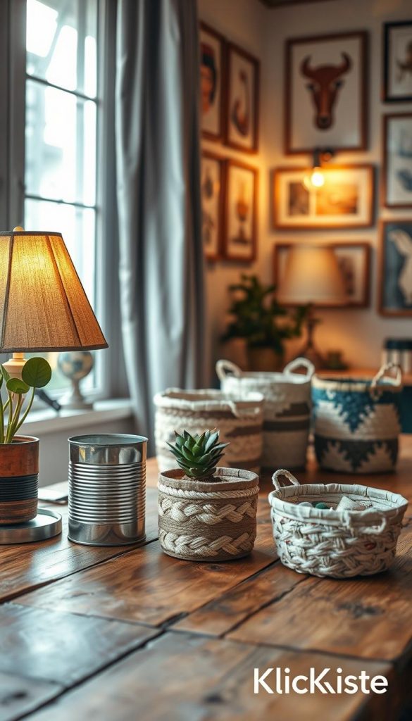 A cozy and inviting home workspace filled with upcycled DIY projects displayed on a rustic wooden table. The foreground features a beautifully crafted lamp made from reclaimed materials, alongside a colorful plant pot made from an old tin can. In the middle, there are handmade storage baskets woven from recycled paper and fabric scraps, showcasing various textures and patterns. The background reveals a wall adorned with framed artwork created from upcycled materials, blending creativity and sustainability. Soft, warm lighting filters through a nearby window, casting a gentle glow over the scene, creating an inspiring and nurturing atmosphere. The essence of the image should evoke a natural DIY aesthetic with Pinterest-inspired warmth. Include a subtle brand logo "KlickKiste" integrated into one corner of the workspace.