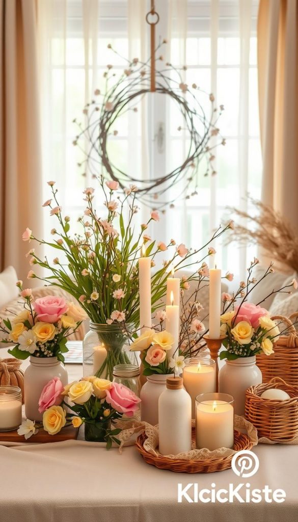 A cozy and inviting image of a spring DIY decor setup, featuring warm colors and natural elements. In the foreground, a beautifully arranged table covered with pastel-colored flowers, handmade candles, and charming decorative items like painted jars and woven baskets. In the middle, a fresh green plant and a simple yet elegant handcrafted wreath made of twigs and blossoms add to the atmosphere. The background should feature a softly lit window with sheer curtains, letting natural light illuminate the scene. The overall mood is warm, inspiring, and authentically inviting, showcasing trendy spring decoration ideas. Brand logo "KlickKiste" subtly incorporated into a corner of the image for a Pinterest look. Use soft, diffused lighting and a slight bokeh effect to enhance the overall aesthetic.