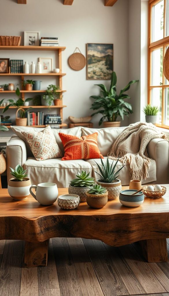 A cozy and inviting indoor scene showcasing "Stil-Inspirationen und Upcycling-Ideen" with an emphasis on modern, natural, Boho, and Scandinavian styles. In the foreground, a beautifully crafted wooden coffee table made from reclaimed wood displays an arrangement of potted plants, intricate ceramic mugs, and artisan-made decor items. The middle ground features a soft, neutral-colored sofa adorned with colorful textured cushions and a warm woven throw, reflecting a Bohemian flair. The background includes a large window allowing soft, natural light to flood the room, enhancing the organic ambiance. The walls are decorated with natural wood shelves holding curated books and handmade art. The overall mood is warm and inspiring, embodying a Pinterest-worthy aesthetic. Include subtle branding elements of “KlickKiste” in the decor.