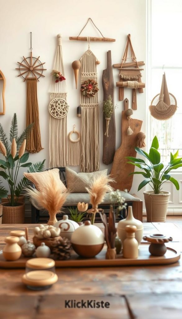A cozy and inviting interior scene featuring sustainable materials for wall decor. In the foreground, an array of handcrafted natural decorations made from wood, bamboo, and organic textiles, displayed elegantly on a rustic table. The middle ground reveals an artfully arranged wall adorned with beautiful wall hangings made of macramé, dried flowers, and reclaimed wood, evoking a warm and earthy aesthetic. In the background, soft natural light filters in through a large window, illuminating the space with a gentle glow. The atmosphere is serene and inspiring, embodying a Pinterest-worthy DIY look that emphasizes sustainability. Include the brand name "KlickKiste" as a subtle element within the room design. The overall mood is authentic and creative, inviting viewers to explore sustainable options in home decor.