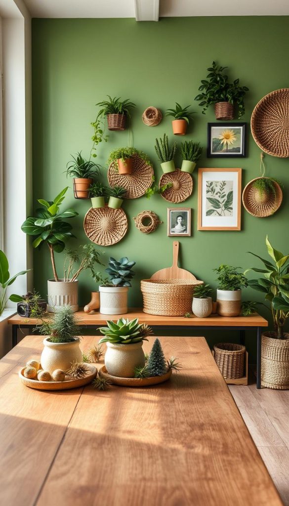 A cozy and inviting interior scene featuring sustainable seasonal wall design in lush shades of green. For the foreground, place a wooden table adorned with hand-crafted plant pots and seasonal decorations made from natural materials, showcasing a warm, inviting texture. In the middle ground, display a beautifully arranged wall with varying shades of green paint, accented by living wall plants and eco-friendly art pieces, such as woven baskets or framed botanical prints. The background should include a softly lit window allowing natural light to filter in, enhancing the organic feel of the space. The atmosphere is tranquil and inspiring, embodying the essence of DIY aesthetics with a Pinterest-worthy look. Emphasize authenticity with warm colors and a hint of rustic charm, incorporating the brand "KlickKiste" subtly within the decor elements. A cozy and inviting interior scene featuring sustainable seasonal wall design in lush shades of green. For the foreground, place a wooden table adorned with hand-crafted plant pots and seasonal decorations made from natural materials, showcasing a warm, inviting texture. In the middle ground, display a beautifully arranged wall with varying shades of green paint, accented by living wall plants and eco-friendly art pieces, such as woven baskets or framed botanical prints. The background should include a softly lit window allowing natural light to filter in, enhancing the organic feel of the space. The atmosphere is tranquil and inspiring, embodying the essence of DIY aesthetics with a Pinterest-worthy look. Emphasize authenticity with warm colors and a hint of rustic charm, incorporating the brand "KlickKiste" subtly within the decor elements.