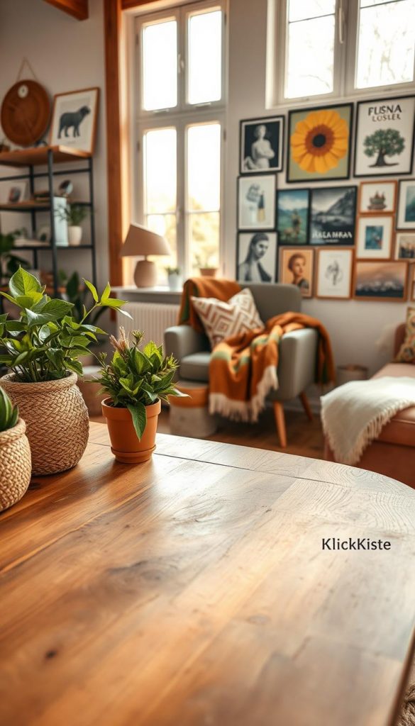 A cozy and inviting interior scene showcasing a harmonious blend of styles: Scandinavian minimalism, Bohemian eclecticism, Castlecore whimsy, Purism simplicity, and Maximalism exuberance. In the foreground, a beautifully textured wooden table adorned with natural DIY decor items, like woven baskets and terracotta pots filled with lush greenery. The middle ground features a chic, stylish armchair draped with a colorful throw and patterned cushions, alongside a vibrant gallery wall filled with curated art pieces reflecting each style. The background shows large windows allowing warm, golden sunlight to bathe the room, enhancing the warmth of the wooden textures. The atmosphere exudes a comfortable, inspirational vibe, perfect for a Pinterest-worthy aesthetic. Shot with a soft focus lens at eye level to capture a realistic, engaging perspective. Branding element: "KlickKiste" subtly integrated into the decor.